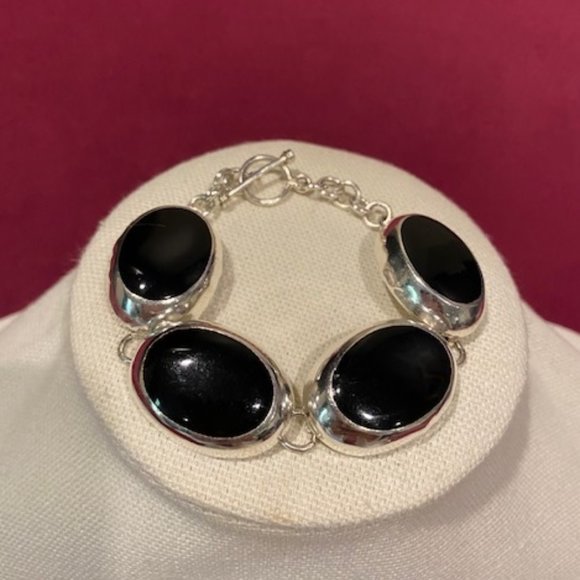 VTG 925 Silver Black Onyx Oval Stones Toggle BRACELET - Picture 2 of 7
